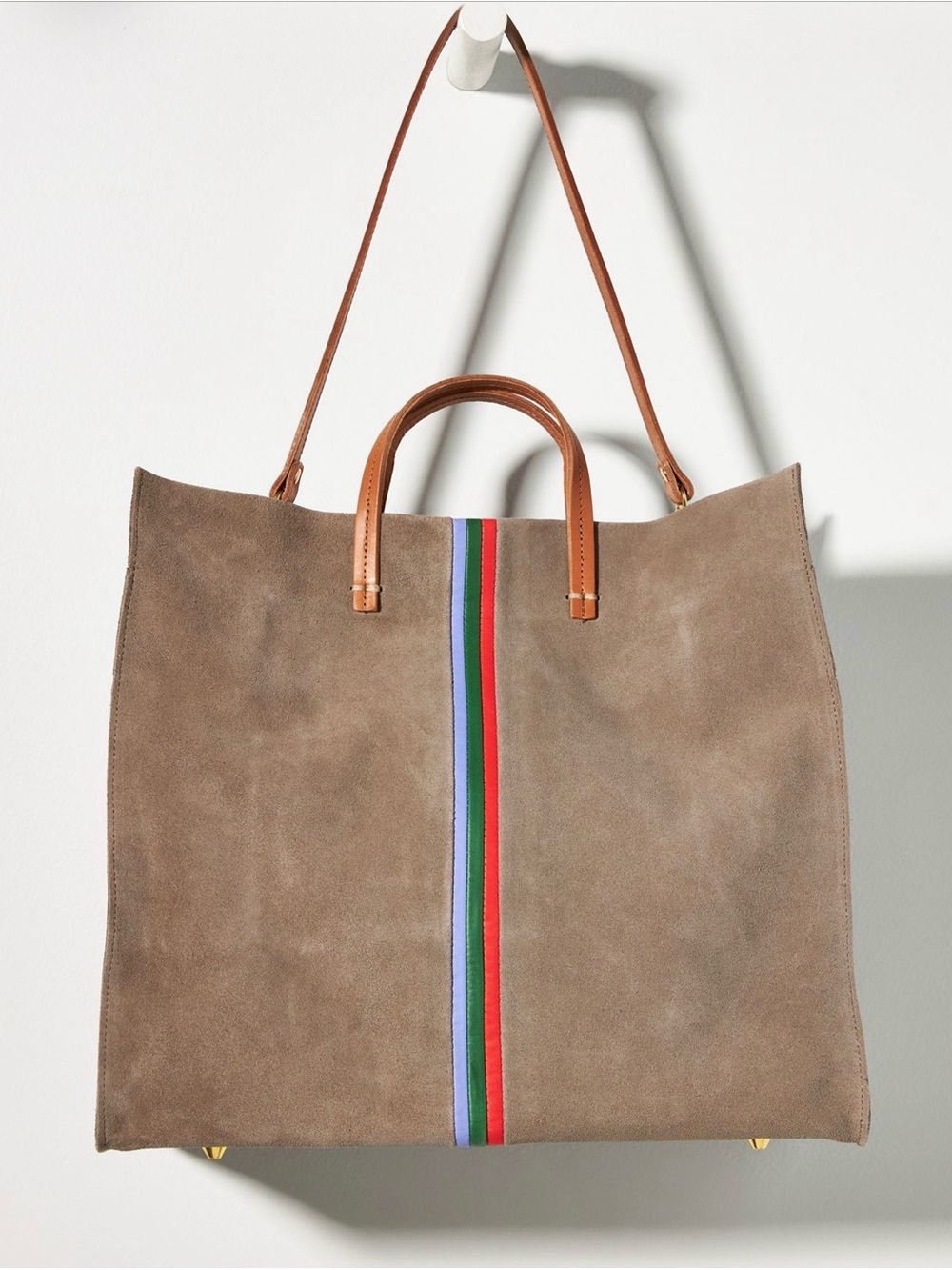 Clare V. Simple Tote in Dark Grey Suede with Violet, Fern & Lipstick Stripes